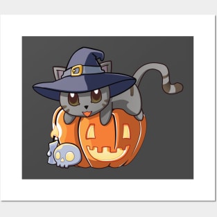 Grey Cat on a Pumpkin Posters and Art